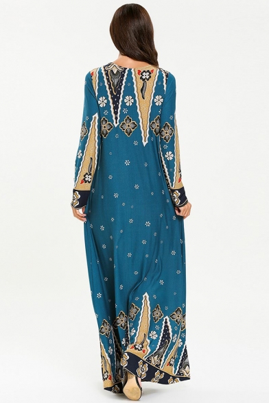 Womens New Stylish Round Neck Long Sleeve Floral Tribal Print Blue Knit Swing Maxi Dress