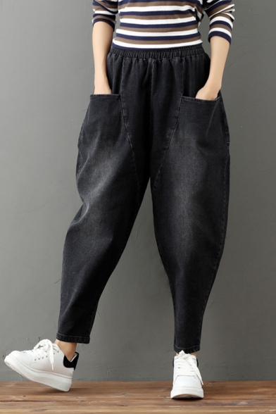 Womens New Stylish Vintage High Elastic Waist Pockets Loose Black Harem Pants