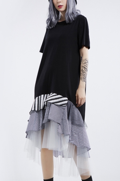 Womens New Trend Round Neck Short Sleeve Hybrid Panelled Striped Ruffles Tiered Swing T-Shirt Asymmetrical Maxi Dress