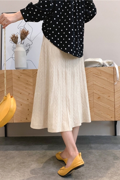 Womens Simple Plain High Waist Slim Fit Midi Flared Knitted A-Line Skirt