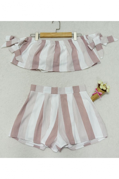 Womens Stripe Print Tied sleeve Strapless Crop Tee with Wide-Leg Culottes Shorts Co-ords