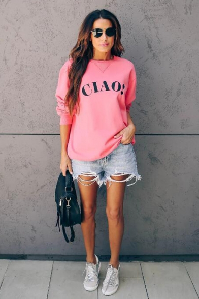 Womens Stylish CIAO Letter Print Long Sleeve Round Neck Pink Pullover Sweatshirt