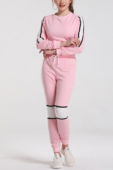 Womens Stylish Pink Stripe Long Sleeve Crop Sweatshirt with Slim Fit Pants Sports Co-ords