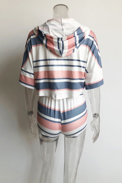 Womens Stylish Stripe Printed Hooded Short Sleeve Tee with Shorts Sport Two-Piece Set