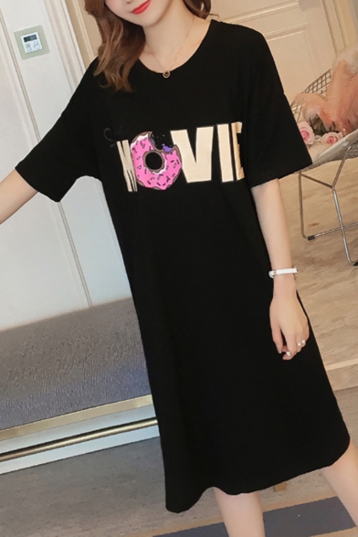 Womens Summer Round Neck Short Sleeve Letter Cartoon Print Slit Midi Black Dress