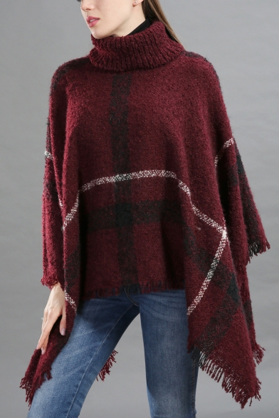 Autumn Winter Stripes Print Roll Neck Cape Knitted Sweater for Women