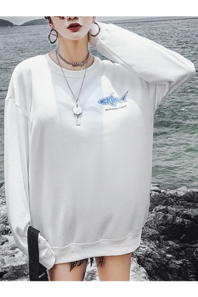 Cartoon Shark Letter HEATHANS Printed Long Sleeve Round Neck Casual Pullover Sweatshirts