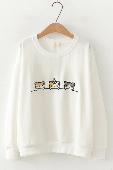 Cartoon Three-Cat Embroidery Round Neck Long Sleeve Pullover Sweatshirt
