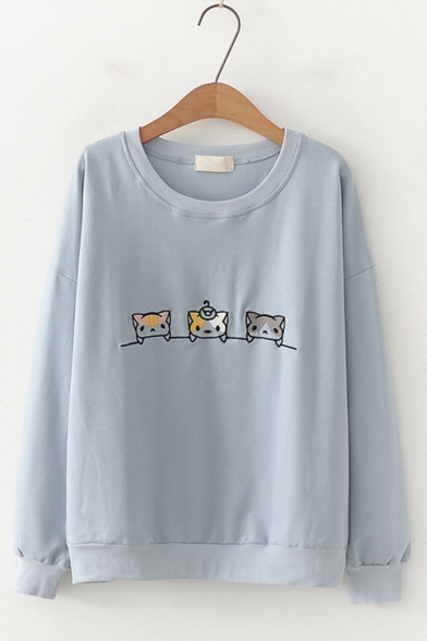 Cartoon Three-Cat Embroidery Round Neck Long Sleeve Pullover Sweatshirt