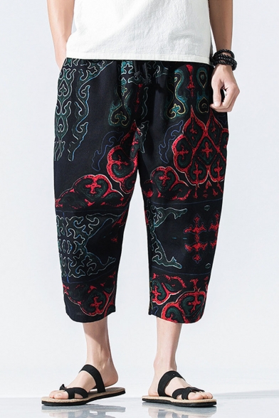 Chinese Style Unique Printed Loose Fit Casual Cropped Wide Leg Pants
