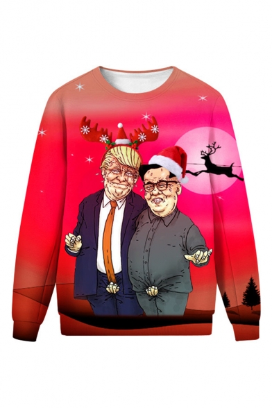Christmas Funny Trump 3D Printed Round Neck Long Sleeve Red Pullover Sweatshirts