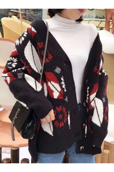 Christmas Style Laid Back V-Neck Print Single Button Cardigan Coat for Women