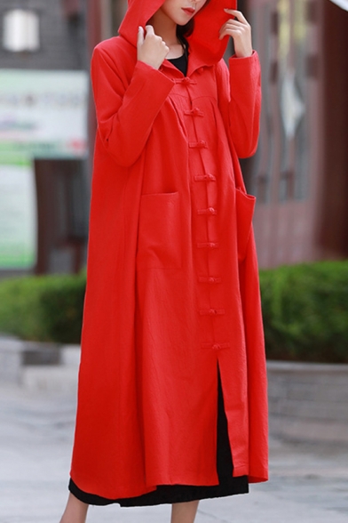 Classic Solid Color Vintage Frog Button Front Longline Hooded Witch Cape Coat with Pockets