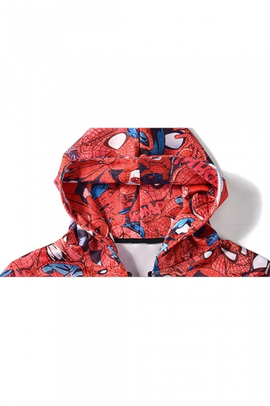 Cool Fashion Colorblock Figure Printed Trendy Red Hooded Zip Up Hoodie
