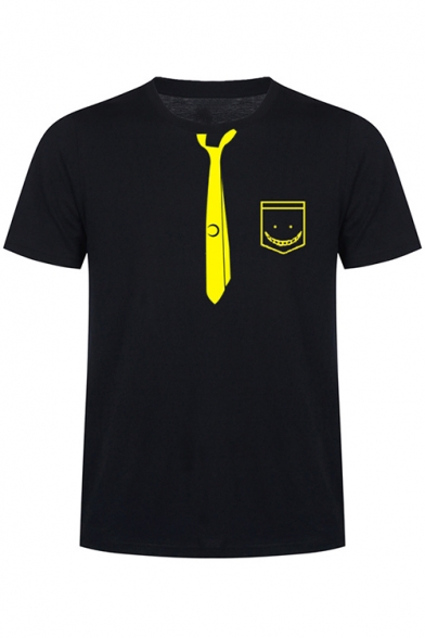 Cool Unique Mens Short Sleeve Round Neck Necktie Pocket Printed Straight Basic T-Shirt