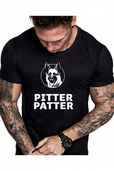 Cool Unique Mens Short Sleeve Round Neck PITTER PATTER Letter Wolf Printed Fitted Leisure T-Shirt