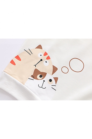 Cute Cat And Fish Print Long Sleeve Patchwork Lapel Two-Piece Button decoration Front Casual Sweatshirt