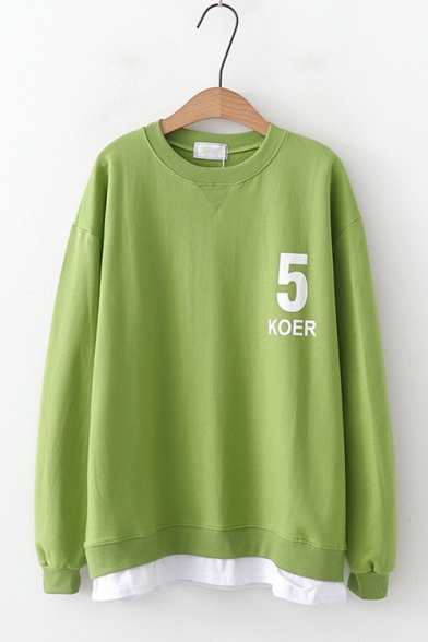 

Fake Two-Piece Long Sleeve 5 KOER Letter Printed Round Neck Long Sleeves Pullover Sweatshirt, Green;pink;white, LM558633