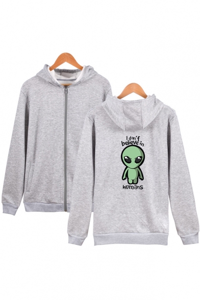 Funny Alien Letter I Don't Believe In Humans Printed Long Sleeve Zip Up Hoodie