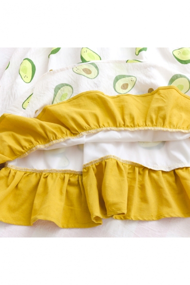 Girls Summer Hot Popular Allover Avocado Printed Midi Ruffled Overall Pinafore Dress
