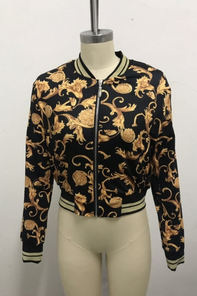Gold Vine-Print Stand Up Collar Ribbed Cuffs Zipper Cropped Black Casual Jacket with Pocket