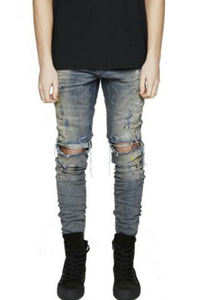 Guys New Stylish Paint Point Printed Knee Cut Blue Slim Fit Frayed Ripped Jeans