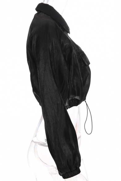 Half-Zip Stand Collar Black Plain Long Sleeve Casual Crop Sweatshirt With Pocket