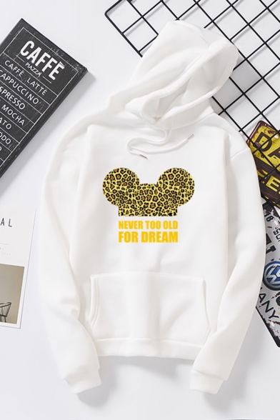 Hot Fashion Cartoon Leopard Letter NEVER TOO OLD FOR DREAM Printed Long Sleeve Unisex Pullover Hoodie