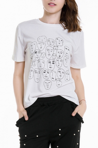 Hot Fashion Character Face Pattern Round Neck Short Sleeve Casual T-Shirt For Women