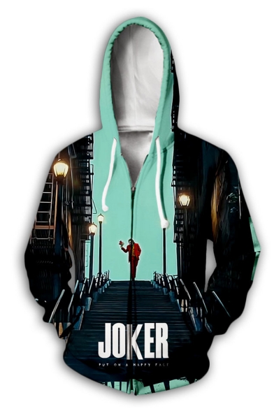 Hot Fashion Color Block Clown 3D Printed Long Sleeve Casual Zip Up Hoodie