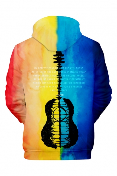 Hot Fashion Colorblock Guitar Printed Blue and Yellow Long Sleeve Trendy Drawstring Pullover Hoodie