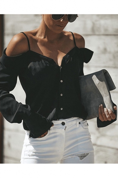 Hot Fashion Simple Plain Long Sleeve Strap shoulder Button Down Shirt For Women