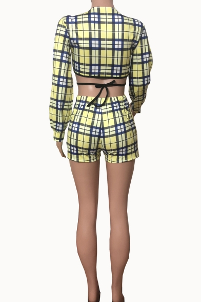 Hot Fashion Yellow Check Printed Deep V-Neck Long Sleeve Crop Top with Fitted Shorts Co-ords