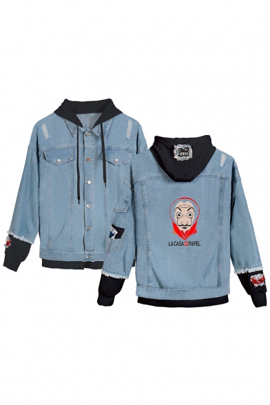 Hot Popular Comic Figure Letter LA CASA PAPEL Printed Ripped Long Sleeve Button Down Hooded Casual Denim Jacket