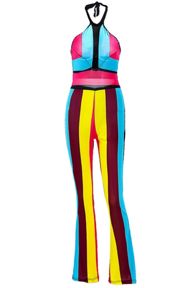 Hot Popular Halter Sleeveless Rainbow Color Striped Slim Fitted Jumpsuits