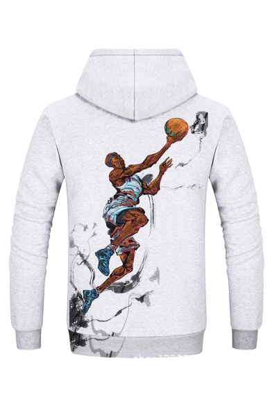 Hot Popular NBA Basketball Player Printed Long Sleeve Gray Drawstring Hoodie with Pocket