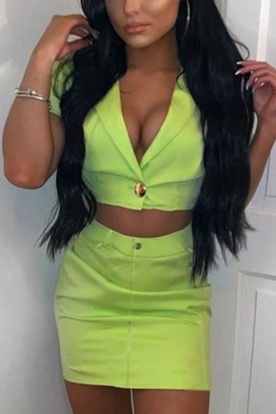Sexy Fluorescence Color Hardware V-Neck Short Sleeve Crop Coat Zipper and Button Fly Tube Skirt Two Piece Set