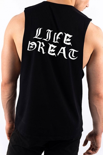 LIVEGREAT Letter Printed Sleeveless Round Neck Quick Dry Breathable Sport Tank T Shirt