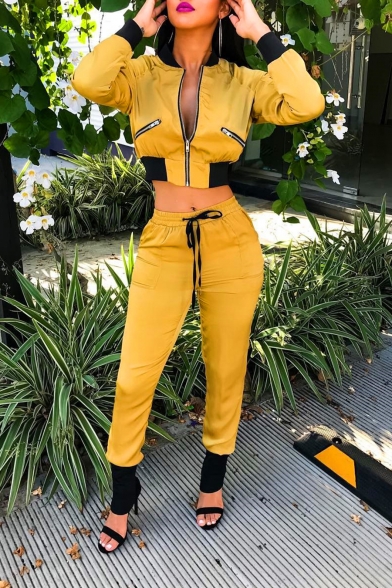 Long Sleeve Zip Front Cropped Coat with Drawstring Waist Pants Patch Yellow Two Piece Set