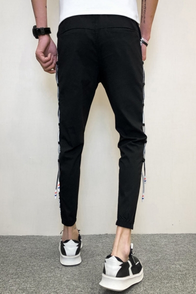 Men's Cool Fashion Crisscross Side Letter Printed Black Cotton Drawstring Waist Casual Pencil Pants