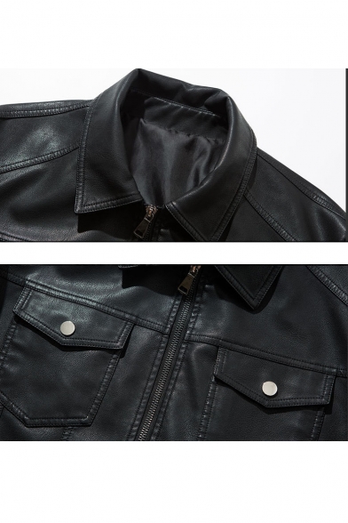 Men's Fashion Black Slim-Fit Long Sleeve Zipper Pockets Leather Moto Jacket