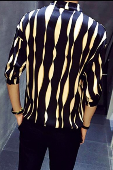 Men's Fashion Classic Striped Printed Half Sleeve Button-Up Casual Pullover Shirt