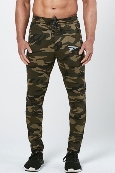 Men's Fashion Cool Camouflage Logo Printed Drawstring Waist Cotton Sweatpants Fitness Pencil Pants