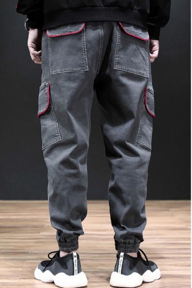 Men's New Fashion Letter Patched Dark Grey Drawstring Waist Useful Multi-pocket Comfortable Casual Jeans