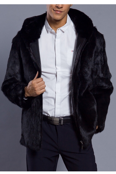 Men's New Fashion Plain Notched Lapel Collar Long Sleeve Zip Placket Black Fluffy Fleece Coat