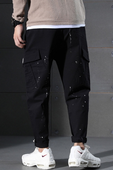 Men's New Fashion Splashing Ink Printed Black Trendy Cargo Pants with Side Pockets