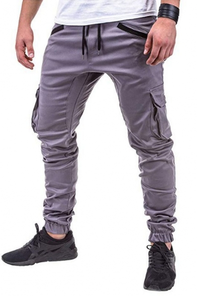 Men's Popular Fashion Solid Color Flap Pocket Side Drawstring Waist Elastic Cuffs Casual Slim Cargo Pants