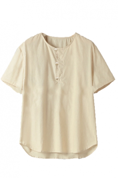 Mens Plain Short Sleeve Frog Button Front Cotton Linen Henley T Shirt