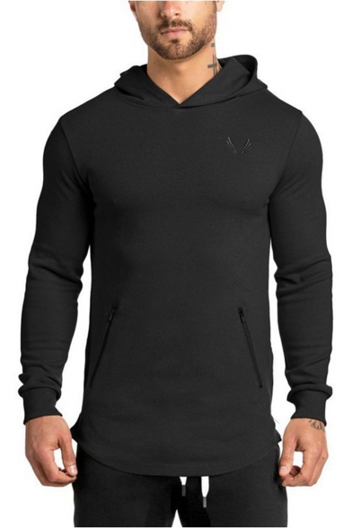 Mens New Fashion Simple Plain Logo Embroidered Long Sleeve Zipped Pocket Design Slim Fitted Casual Sports Hoodie