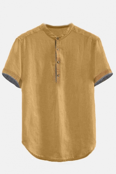 Mens Plain Short Sleeve Stand Collar Button Front Casual Loose Linen Cotton Shirt